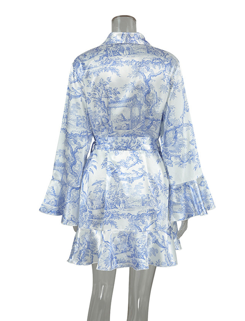 Printed Ruffle Sleeve Satin Robe