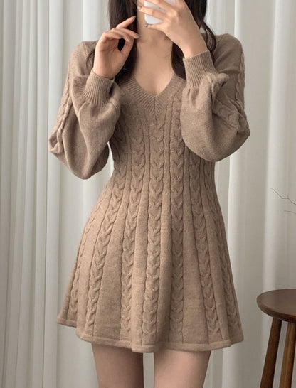 Cable Knit V-neck Sweater Dress