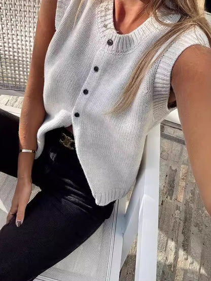 Sleeveless Button-Up Knit Top