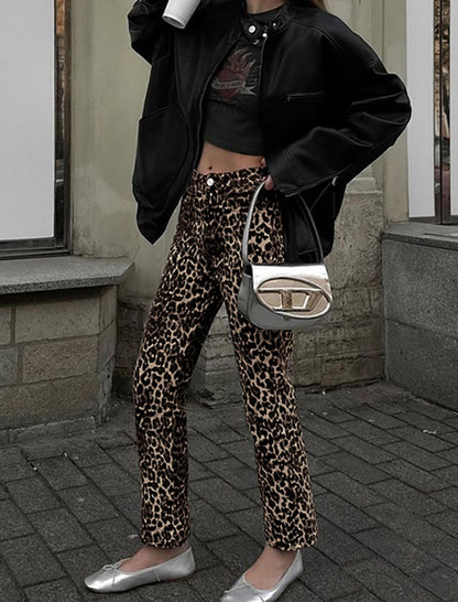 Leopard Print Straight-Leg Pants