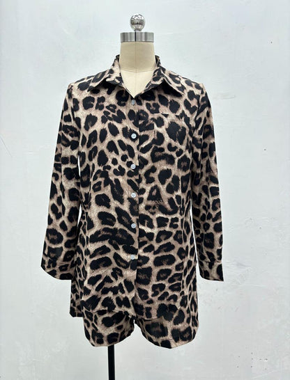 Leopard Print Tie-Front Top and Shorts Set