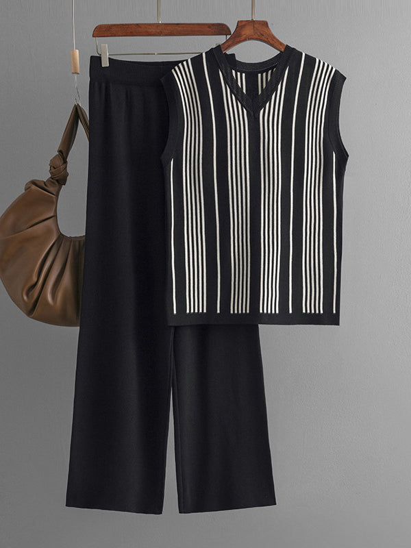 Striped Knit Top and Wide-Leg Pants Set