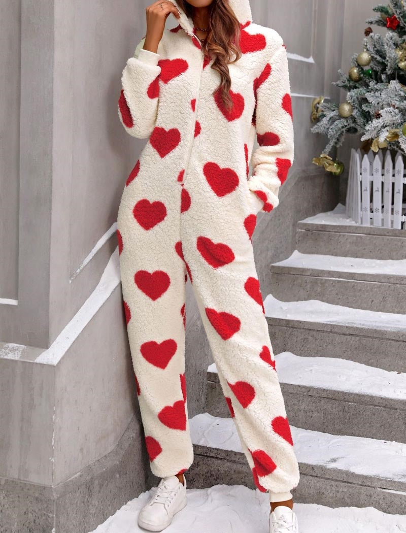 Fuzzy Heart Print Hooded Onesie