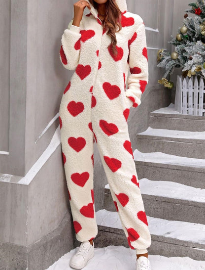 Fuzzy Heart Print Hooded Onesie