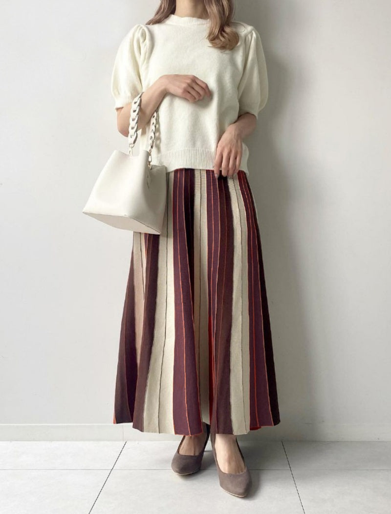 Vertical Stripe Pleated Maxi Skirt