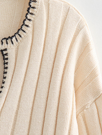 V-Neck Ribbed Knit Sweater