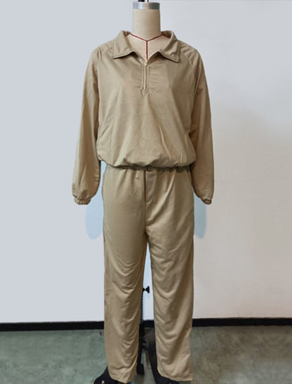 Casual Collared Zip-Up Long Sleeve Top and Pants Set