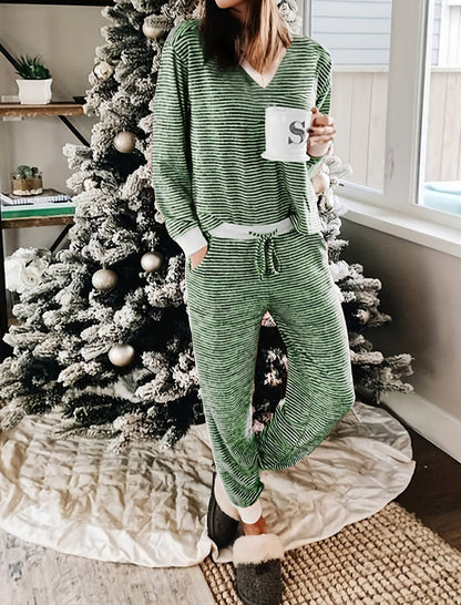 Striped Cozy Lounge Set with V-Neck
