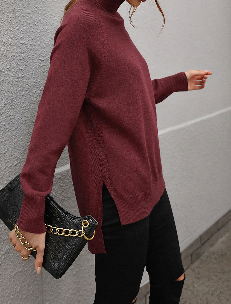 Solid High-Neck Knit Sweater with Side Slits