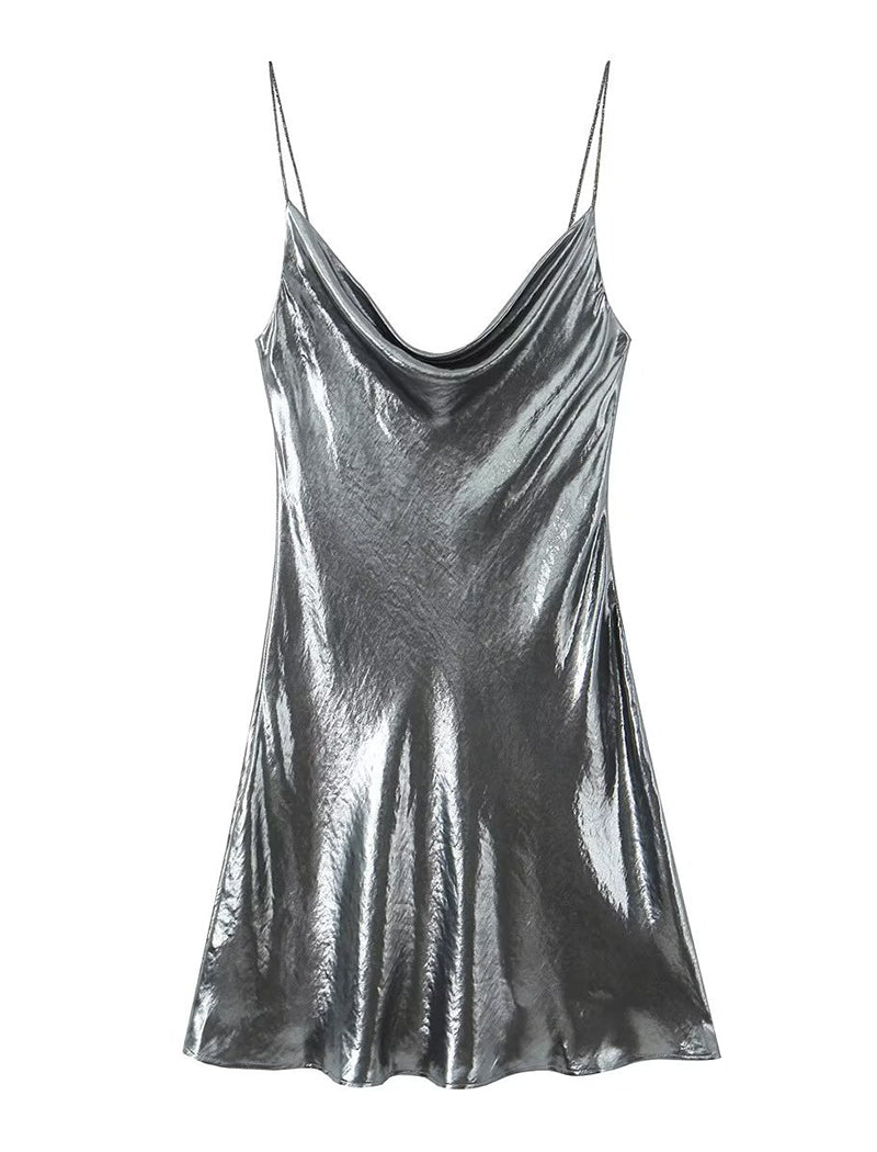 Shiny Cowl Neck Mini Dresses