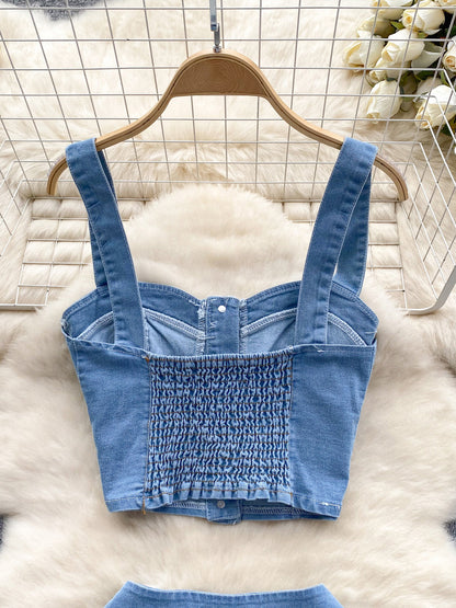 Denim Corset Top &amp; Pleated Mini Skirt Set