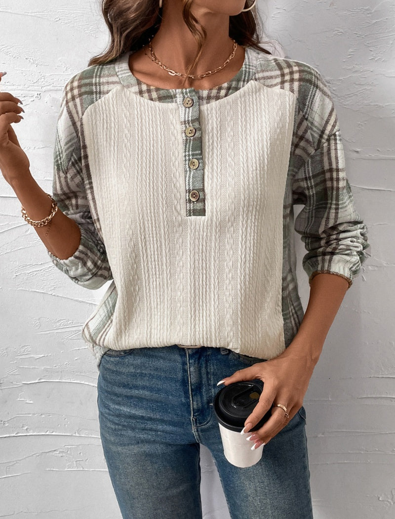 Plaid Sleeve Henley Top