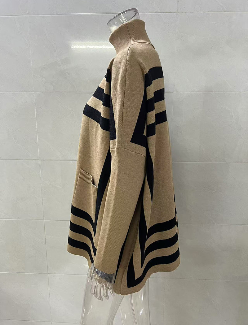 High Neck Striped Batwing Sleeve Sweater