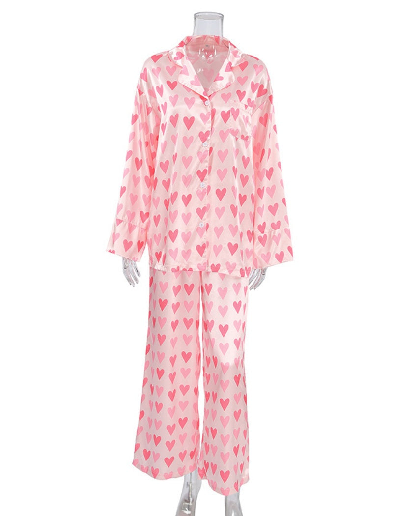 Heart Pattern Button-Up Pajama Set