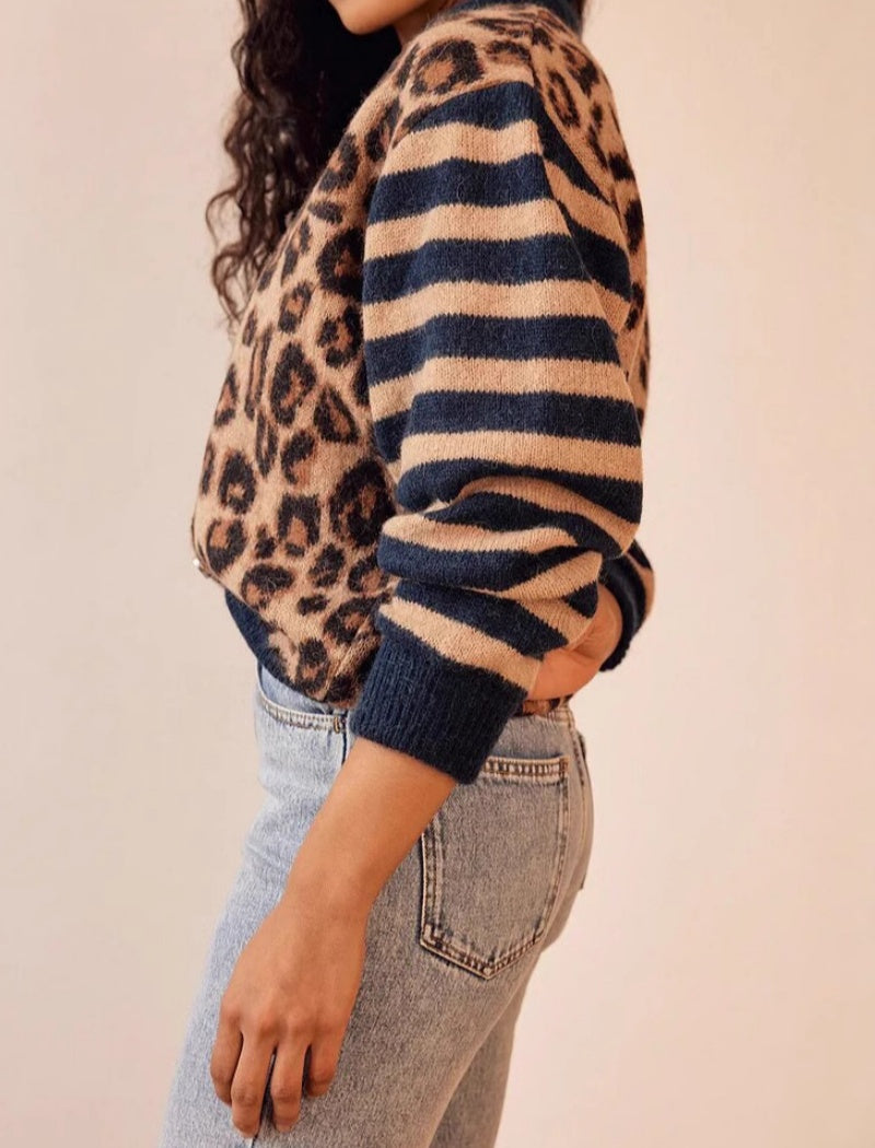 Leopard Print Knit Cardigan with Striped Sleeves