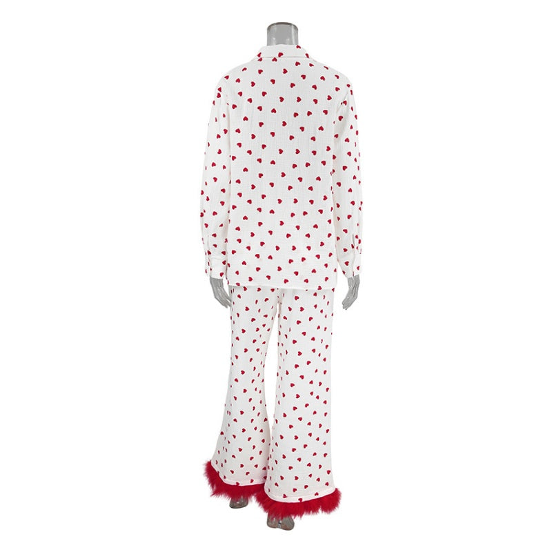 Heart Print Pajama Set with Feather Trim