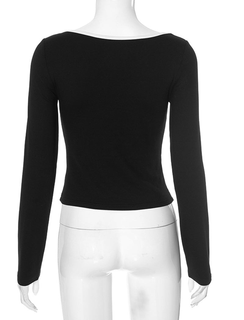 Tie Front Long-Sleeve Ribbed Top