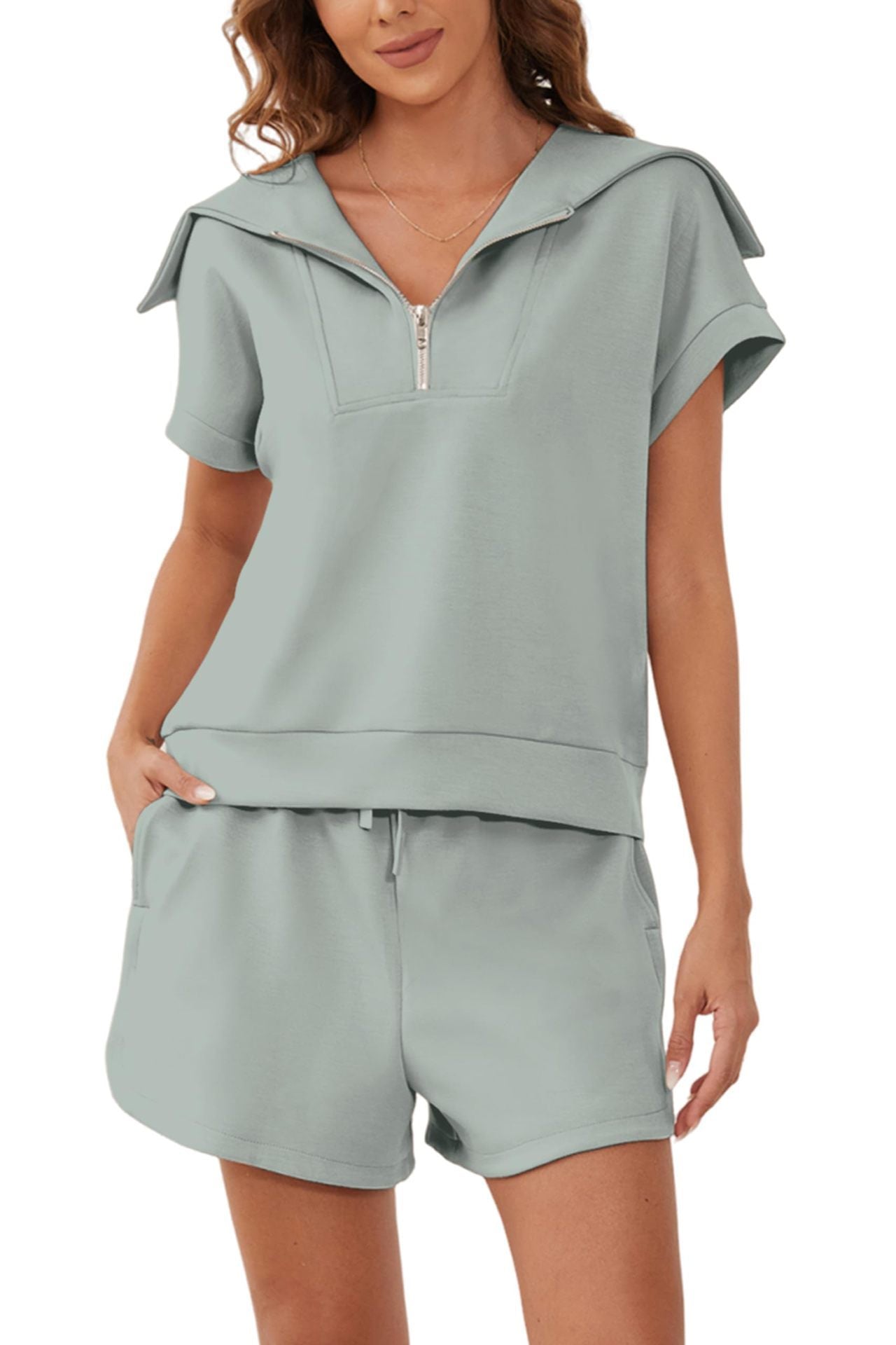 Zip-Up Collar Top and Shorts Set