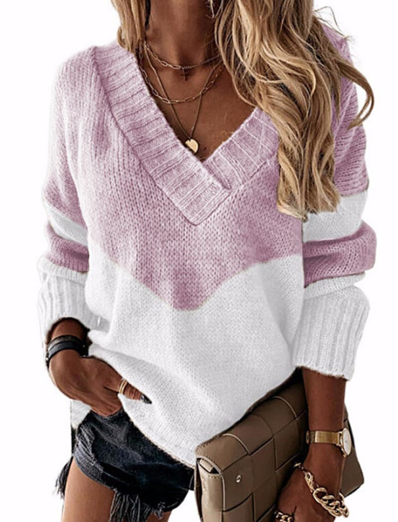 Leopard Print V-Neck Sweater with Colorblock Design