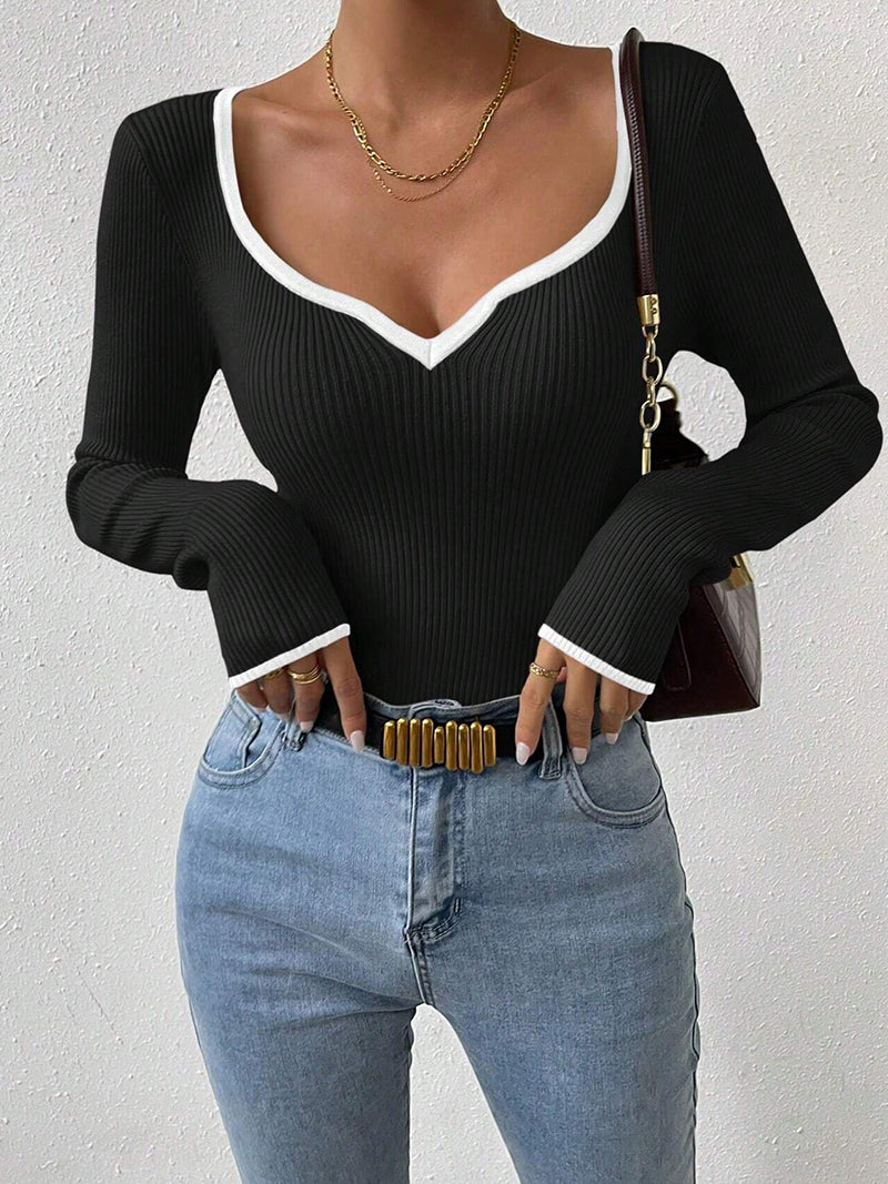 Contrast Trim Ribbed Knit Top