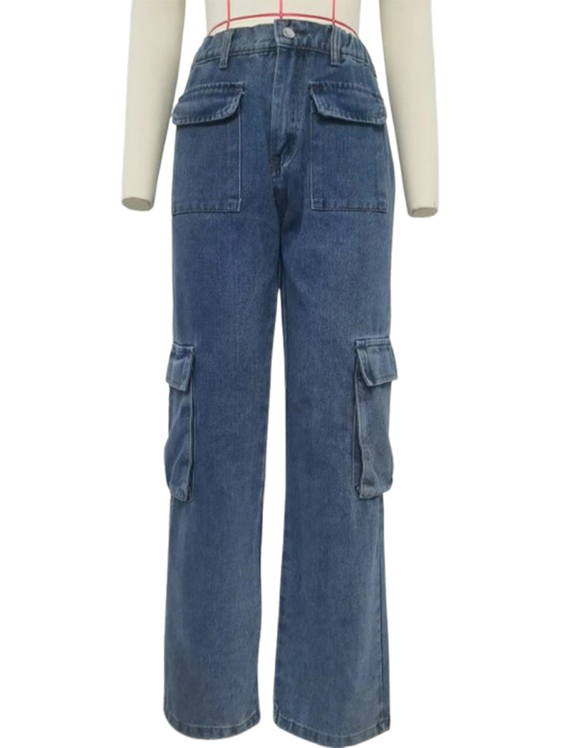 Utility Denim Cargo Pants with Elastic Waist