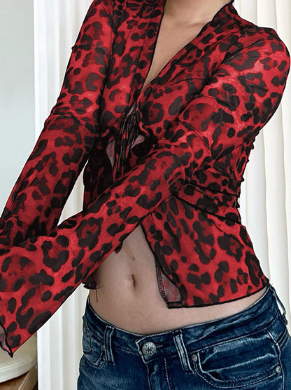 Long-Sleeve Tie-Front Leopard Top