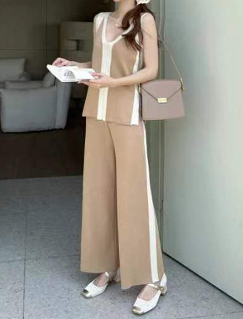 V-Neck Knit Top and Color-Block Wide-Leg Pants Set