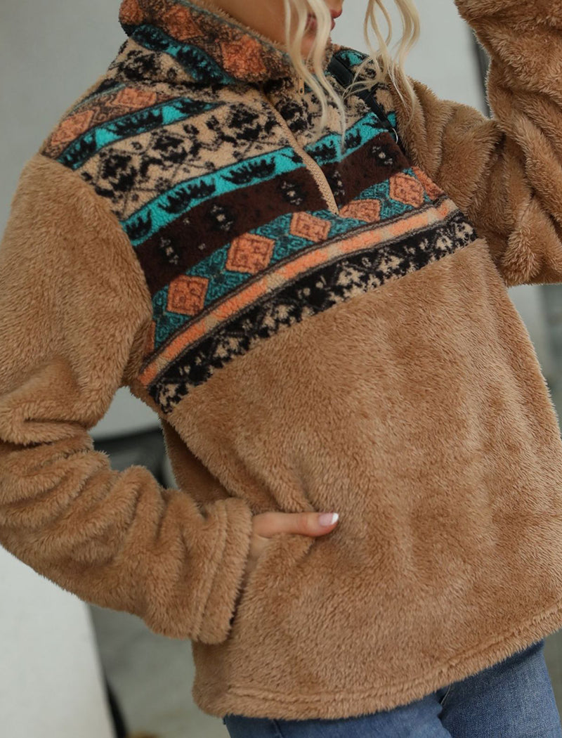 Plush Floral Half-Zip Stand Collar Pullover