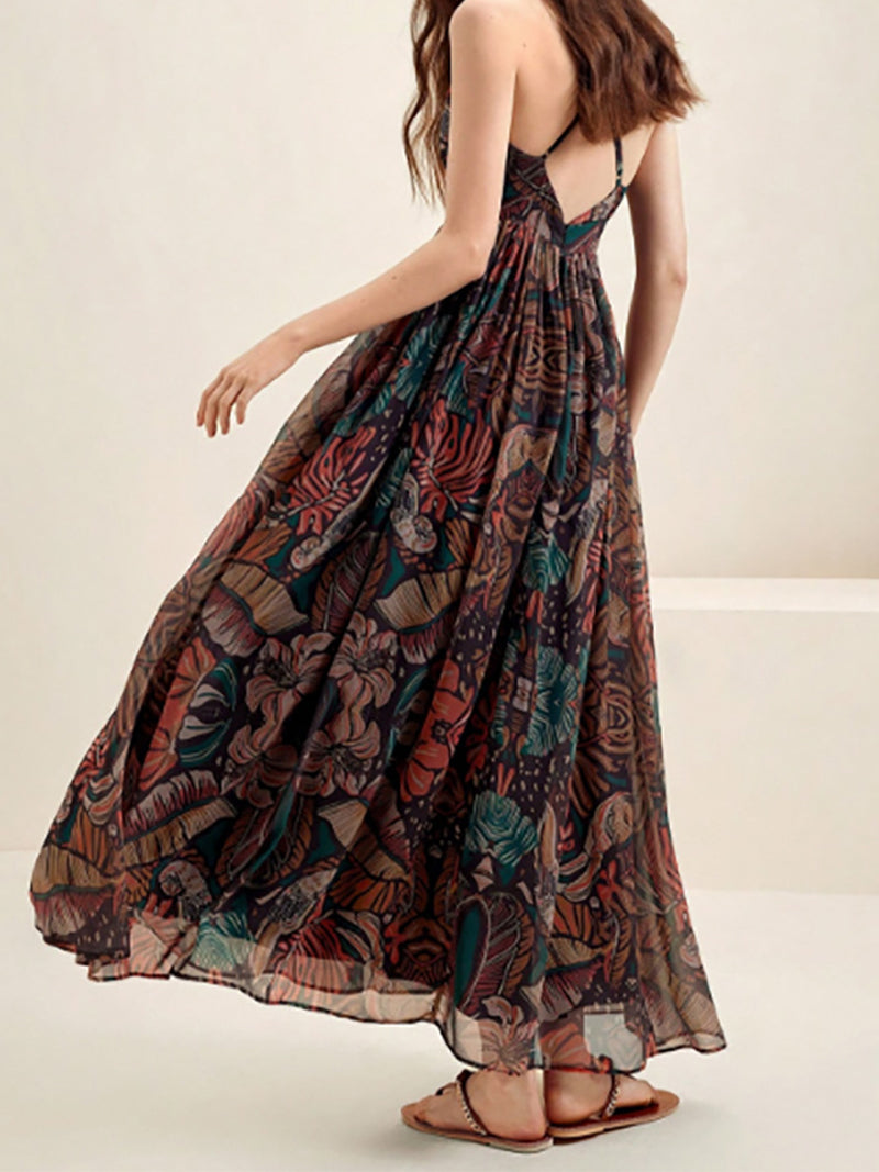 Tropical Print Plunging Maxi Cami Dress