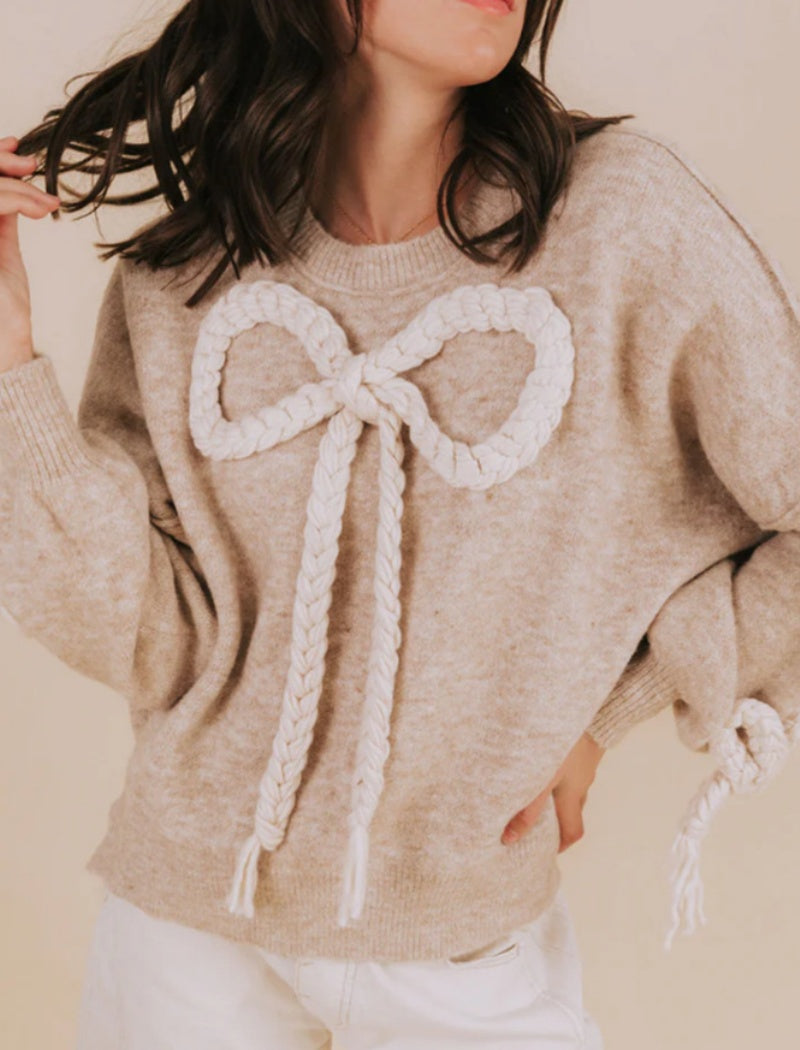 Oversized Sweater with Braided Bow Accent