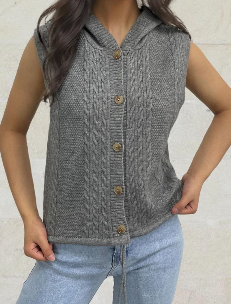 Cable-Knit Button-Up Sleeveless Vest