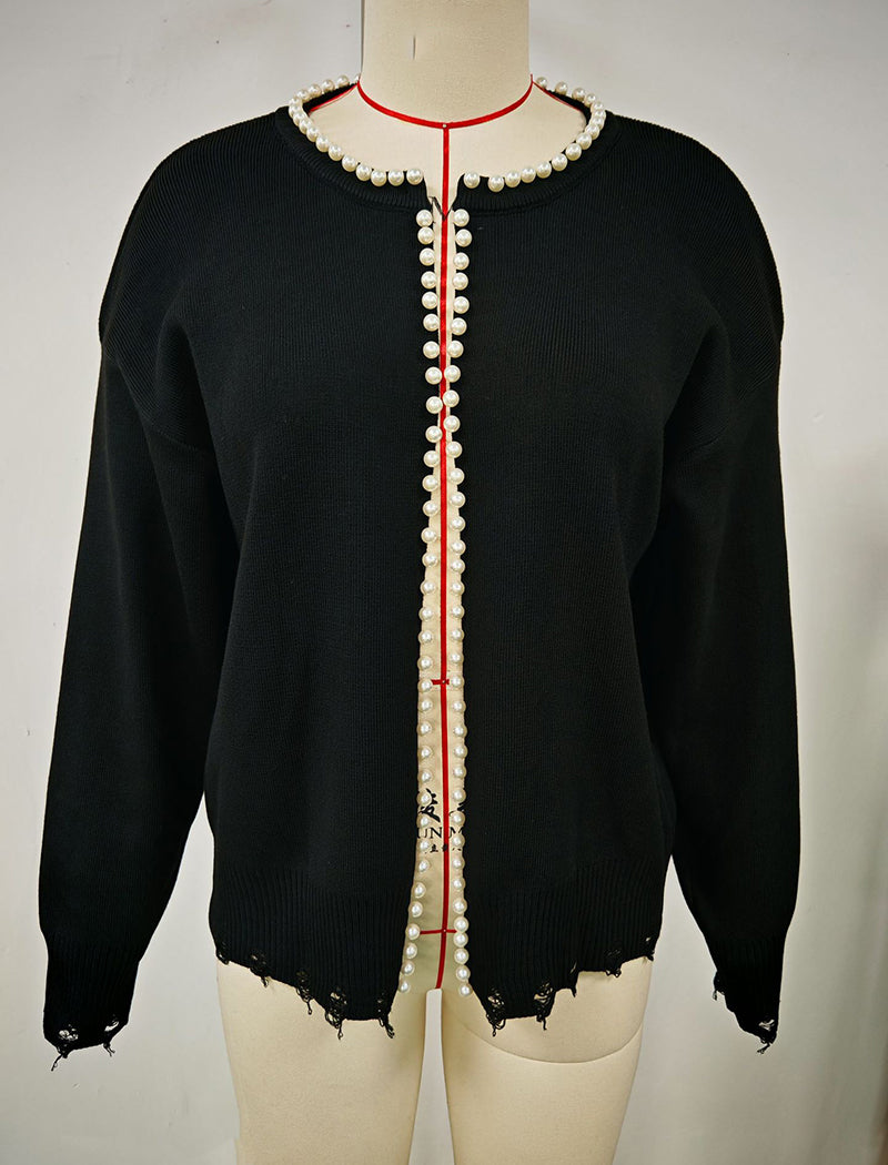 Pearl Trim Open-Front Knit Cardigan