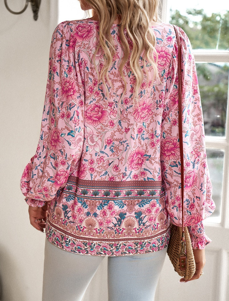 Printed Button-Down V-neck Long Sleeve Top