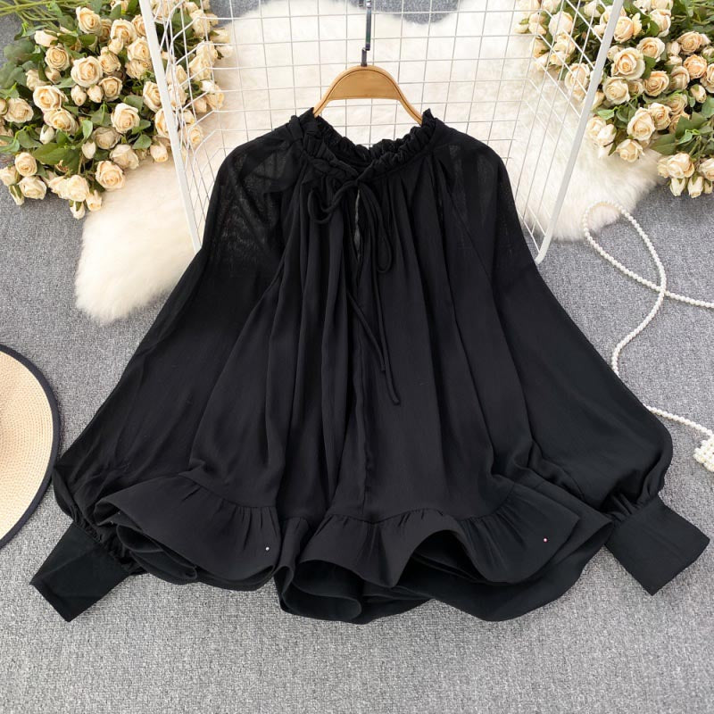 Loose Fit Ruffle Hem Chiffon Blouse