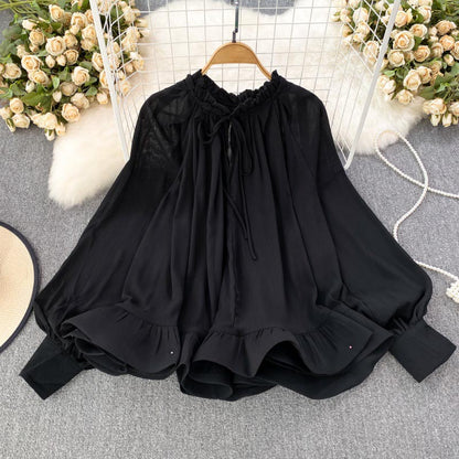 Loose Fit Ruffle Hem Chiffon Blouse