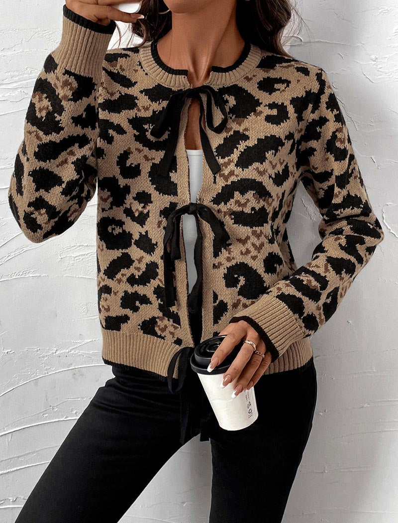 Leopard Print Bow Tie Cardigan