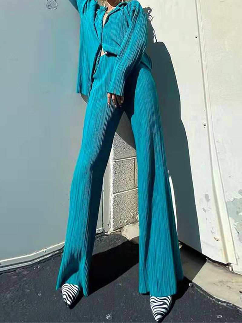 Solid Button-Up Shirt and Wide-Leg Pants Set