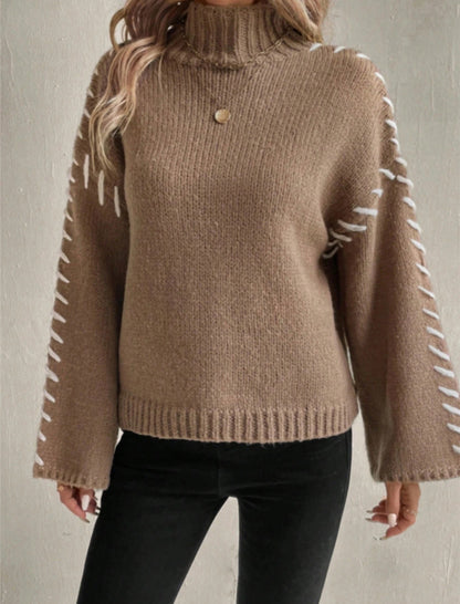 High Neck Sweater with Stitch Accents