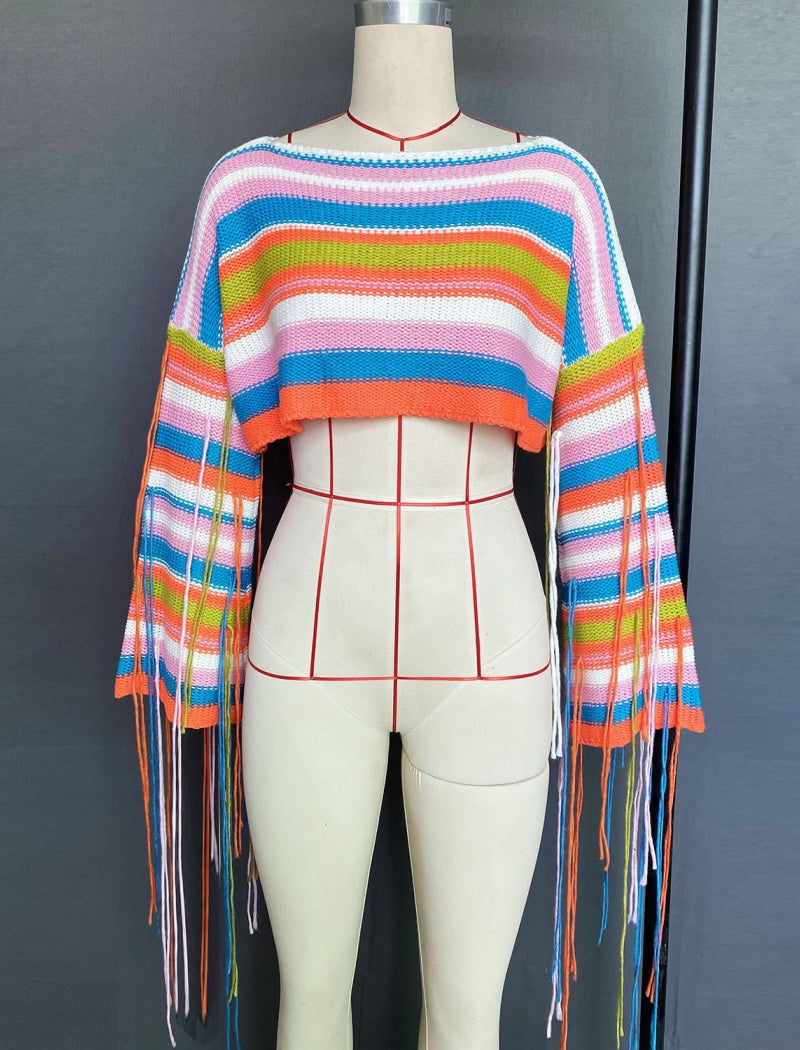 Cropped Fringe Knit Sweater