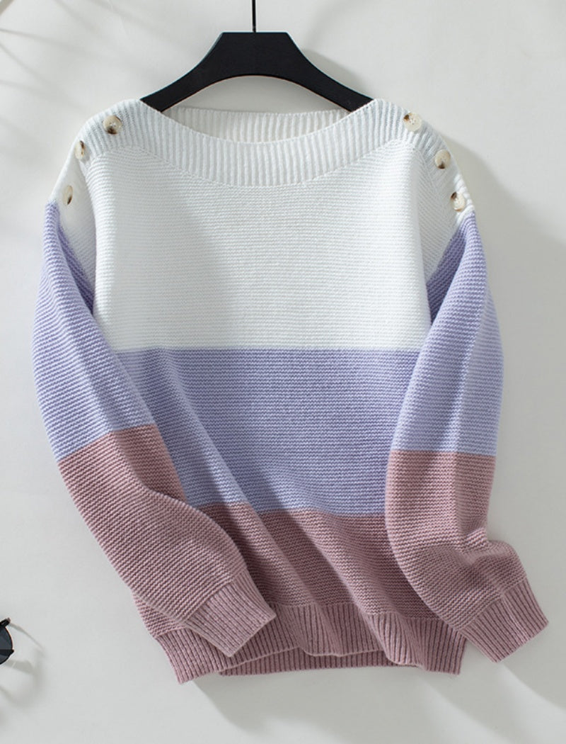 One-Shoulder Colorblock Buttoned Sweater