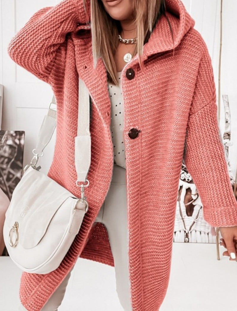 Oversized Button-Up Knit Hooded Cardigan