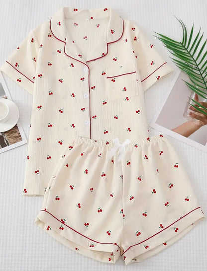 Cherry Print Top and Shorts Lounge Pajamas Set