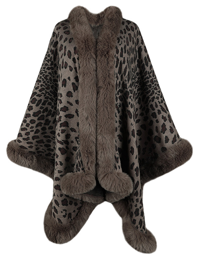 Leopard Print Faux Fur Trim Cape