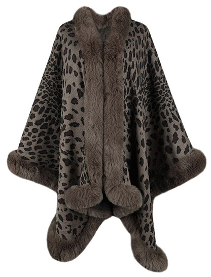 Leopard Print Faux Fur Trim Cape