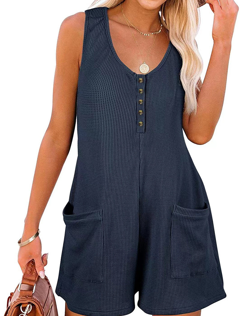 Sleeveless Button-Up Romper with Pockets