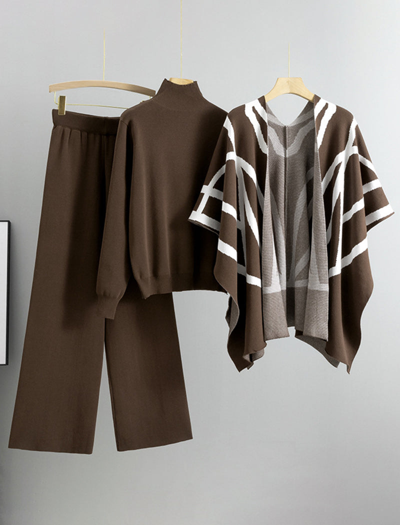 Knit Top and Cape and Wide-Leg Pants Three-Piece Set