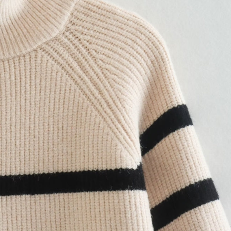 Striped High-Neck Pullover Sweater