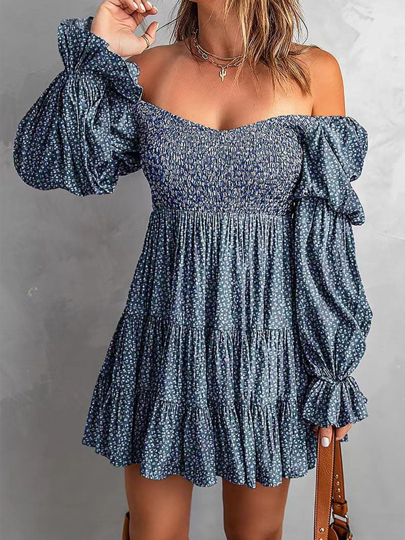 Ditsy Floral Smocked Ruffled Off-the Shoulder Mini Dress