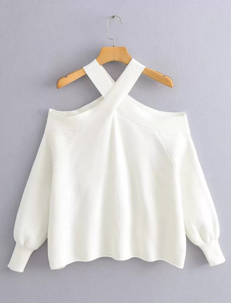 Cross-Neck Off-Shoulder Sweater