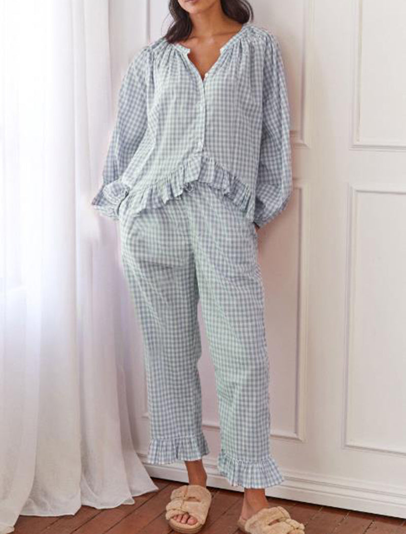 Ruffle Buttoned Long Sleeve Top and Pants Set